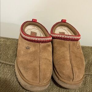 UGG Tan Suede Slip-Ons with Red Trim